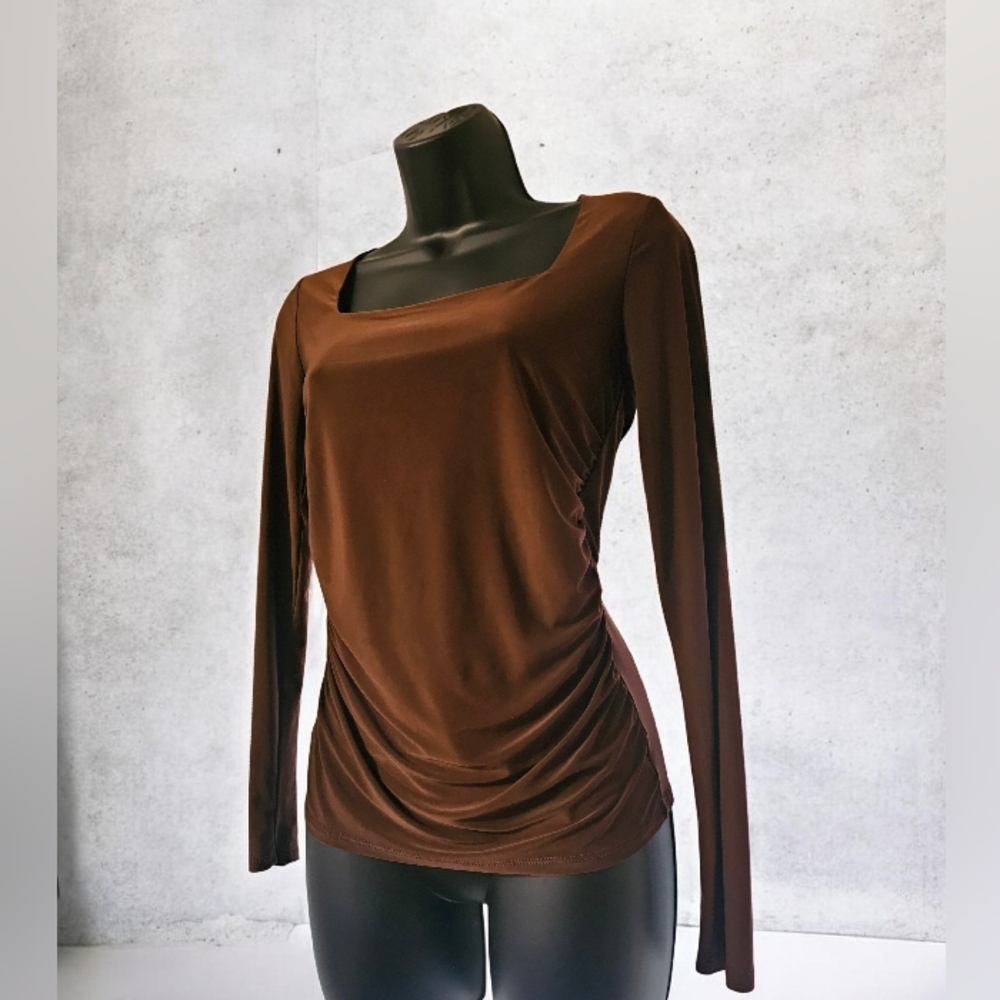 21 Saints Brown Asymmetrical Ruched Blouse with Long Sleeves